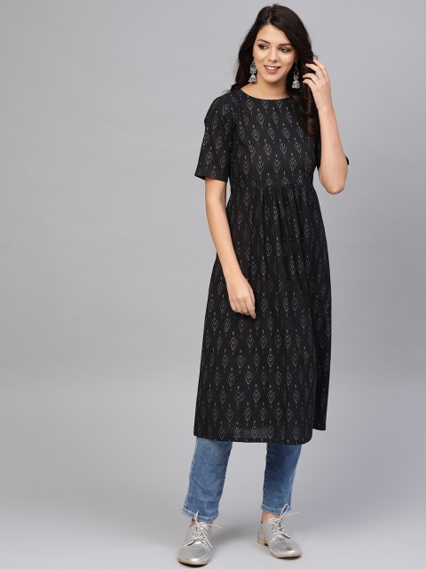 

SIAH Women Black & Grey Ikat Print A-Line Kurta