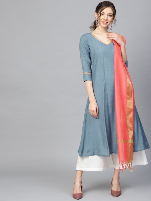 

SIAH Women Blue & White Solid Kurta with Palazzos & Dupatta