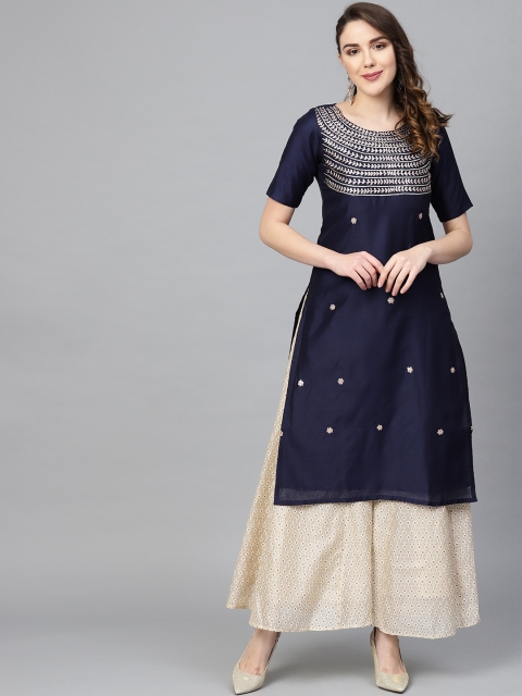 

SIAH Women Navy Blue & Golden Zari Embroidered Straight Kurta
