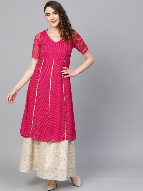

SIAH Women Magenta & Off-White Leheriya Print A-Line Kurta