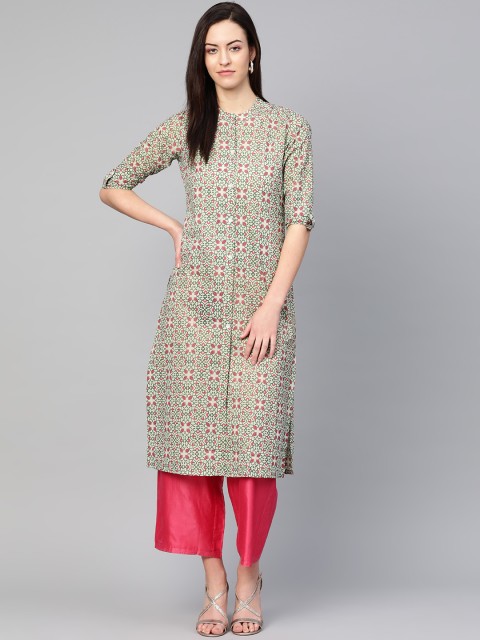

SIAH Women Green & Pink Khari Printed Straight Kurta