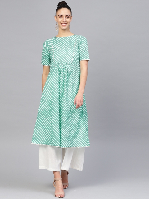 

SIAH Women Green & White Leheriya Print A-Line Kurta