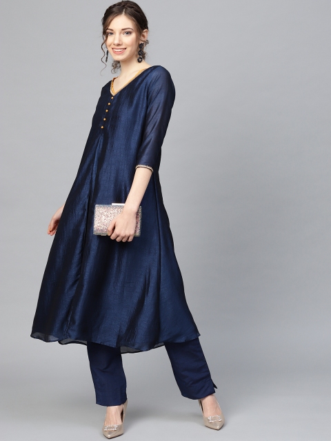 

SIAH Women Navy Solid Kurta with Trousers, Navy blue