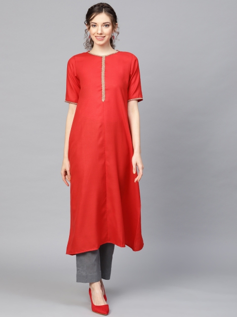 

SIAH Women Red Solid Kurta with Trousers