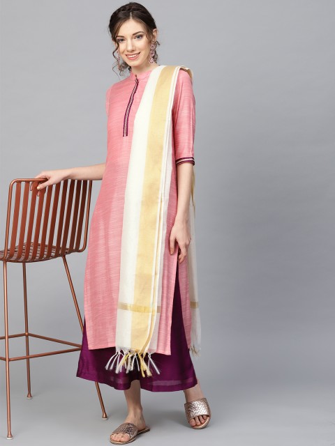 

SIAH Women Pink & Burgundy Solid Kurta with Palazzos & Dupatta