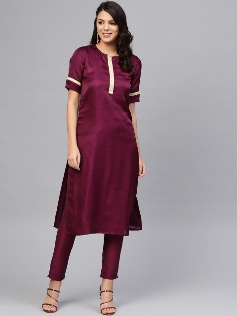 

SIAH Women Burgundy Solid Kurta with Trousers