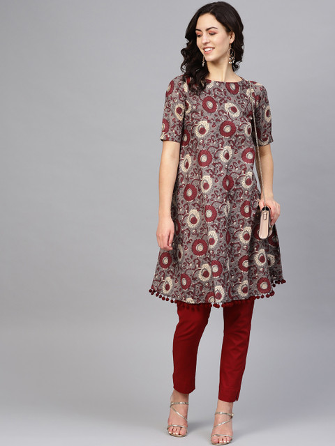 

SIAH Women Grey & Maroon Kalamkari Print A-Line Kurta