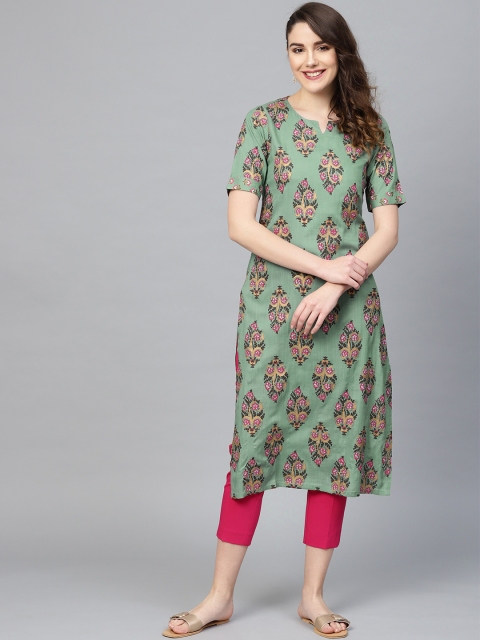 

SIAH Women Green & Pink Printed Straight Kurta