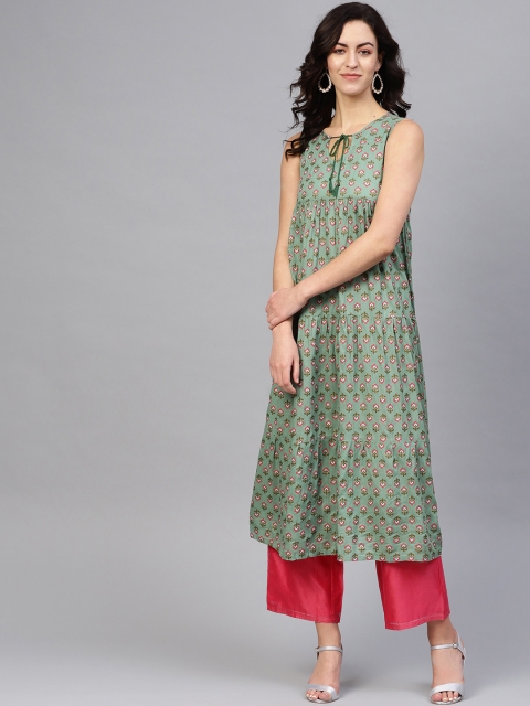 

SIAH Women Green & Pink Printed A-Line Kurta