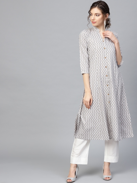 

SIAH Women Grey & White Printed Kurta with Trousers
