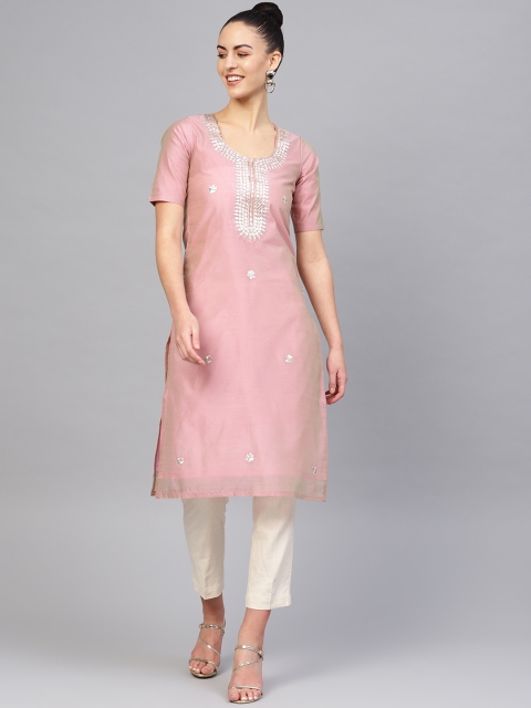 

SIAH Women Pink & Golden Embellished Straight Kurta