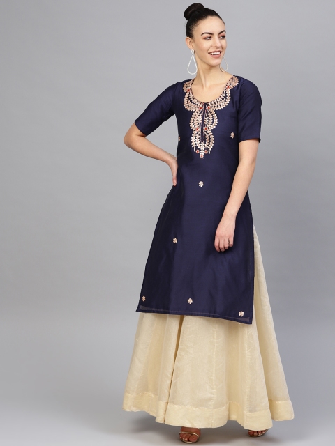 

SIAH Women Navy Blue Embellished Straight Kurta