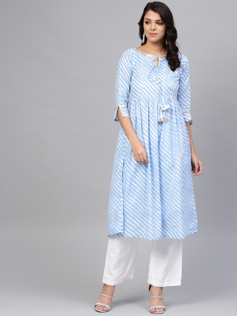 

SIAH Women Blue & White Leheriya Print A-Line Kurta