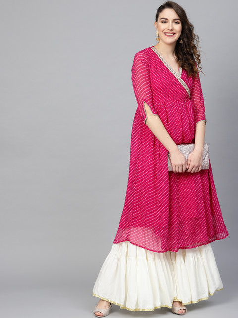 

SIAH Women Magenta & Off-White Leheriya Print Angrakha A-Line Kurta