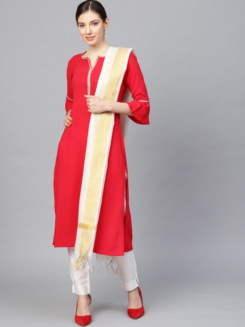 

SIAH Women Red & White Solid Kurta with Trousers & Dupatta