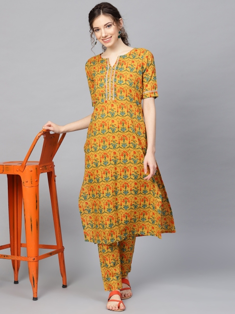 

SIAH Women Mustard Yellow & Green Printed Kurta with Trousers