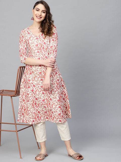 

SIAH Women Beige & Coral Red Printed A-Line Kurta