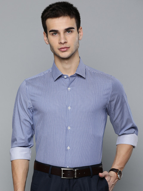 

Louis Philippe Men Navy Blue & White Permapress Super Slim Fit Striped Formal Shirt