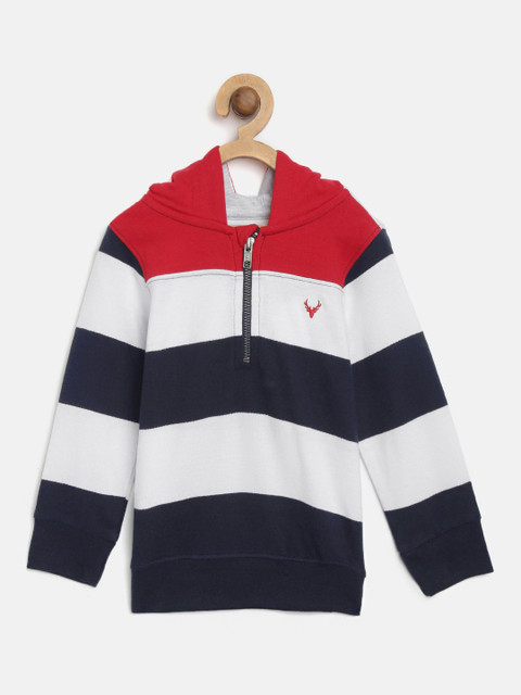 

Allen Solly Junior Boys White & Navy Blue Striped Hooded Sweatshirt