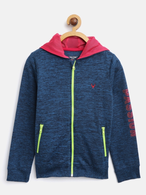 

Allen Solly Junior Girls Teal Blue Solid Hooded Front-Open Sweatshirt with Grindle Effect
