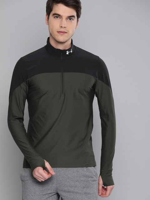 

UNDER ARMOUR Men Olive Green & Black Colourblocked Qualifier 1/2-Zip T-shirt