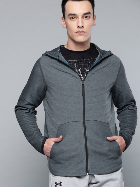 

UNDER ARMOUR Men Grey Self-Striped Unstoppable Move Light Radial Hooded Sweatshirt