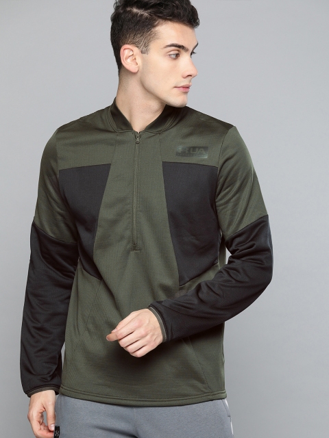 

UNDER ARMOUR Men Olive Green & Black Colourblocked CG Fleece 1/2 Zip Sweatshirt