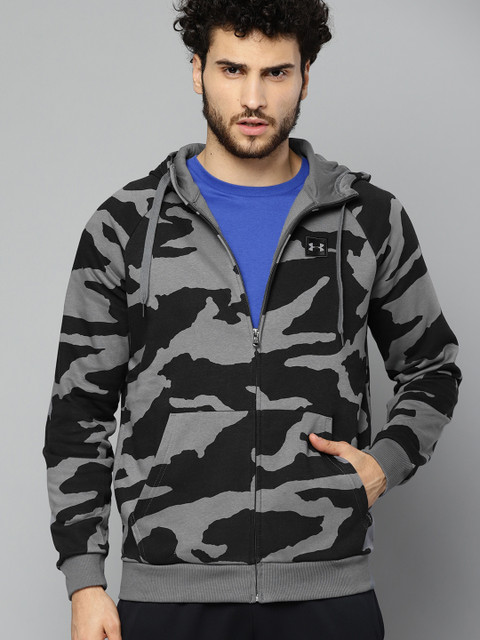 

UNDER ARMOUR Men Black & Grey Rival Fleece Camouflage FZ Hooded Sweatshirt