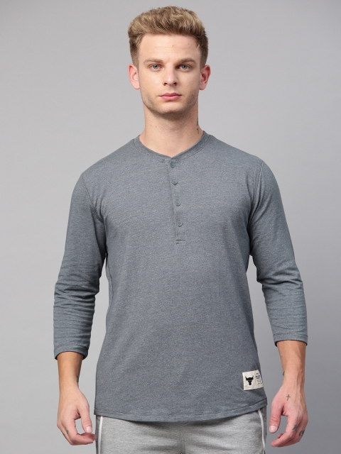 

UNDER ARMOUR Men Grey Melange Project Rock 3/4 Sleeve Henley Neck T-shirt