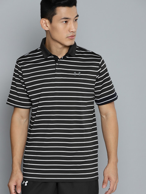 

UNDER ARMOUR Men Black & White Performance 2.0 Divot Polo Striped Golf T-Shirt