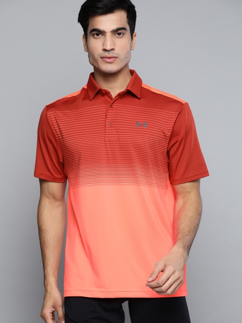 

UNDER ARMOUR Men Rust Red & Orange Playoff 2.0 Golf Striped Polo T-Shirt