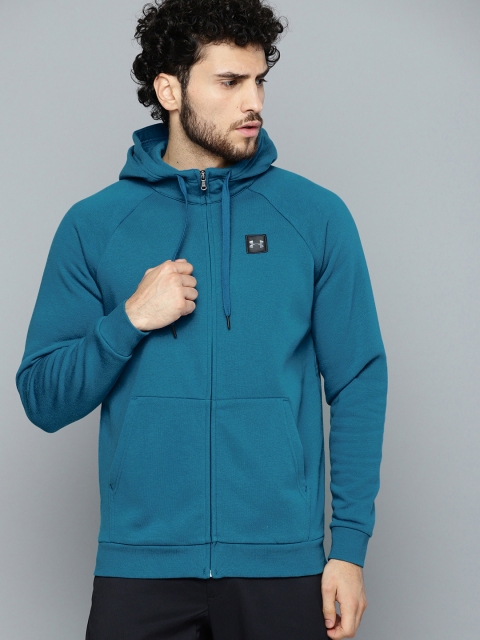 

UNDER ARMOUR Men Teal Blue Rival Fleece Full-Zip Hooded Solid Sweatshirt