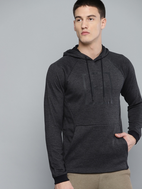 

UNDER ARMOUR Men Charcoal Grey Unstoppable Double Knit Logo Printed Hooded Sweatshirt