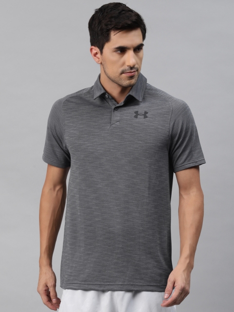 

UNDER ARMOUR Men Charcoal Grey Solid Tour Tips Seamless Polo Short Sleeve T-shirt