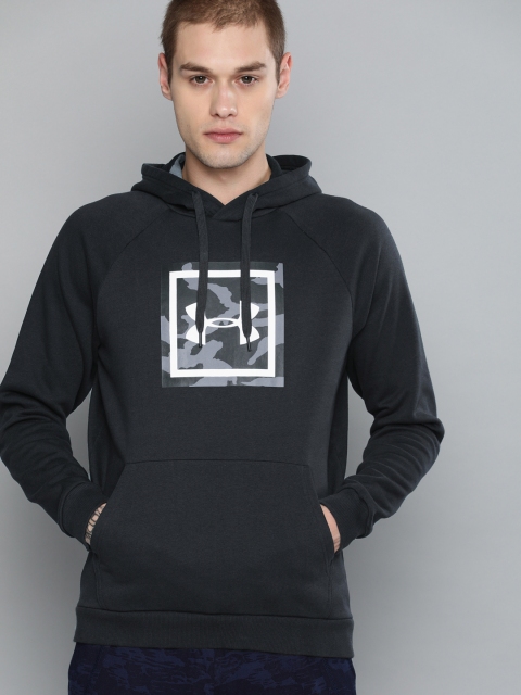 

UNDER ARMOUR Men Black Printed Rival Fleece Hooded Sweatshirt