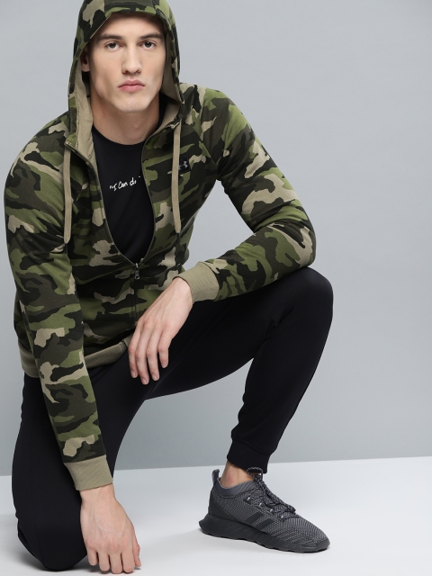 

UNDER ARMOUR Men Olive Green & Black Rival Fleece Camouflage FZ Hooded Sweatshirt