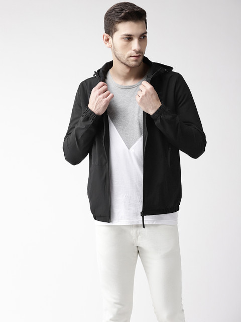 

Flying Machine Men Black Solid Hooded Lightweight Bomber Jacket
