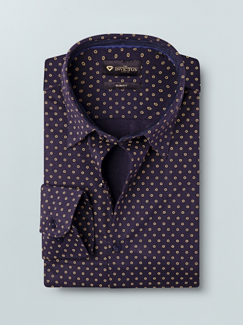 

INVICTUS Men Navy Blue & Yellow Slim Fit Printed Formal Knitted Shirt