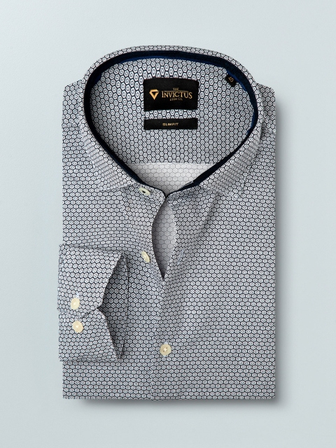 

INVICTUS Men Slim Fit White & Navy Blue Printed Formal Knitted Shirt