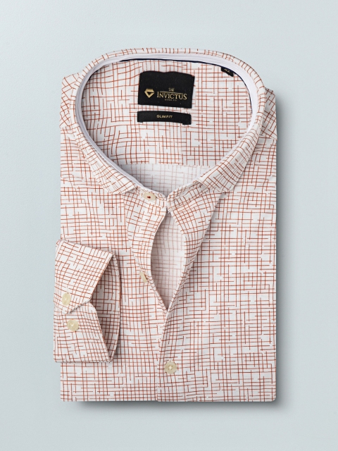 

INVICTUS Men White & Rust Orange Slim Fit Printed Formal Knitted Shirt