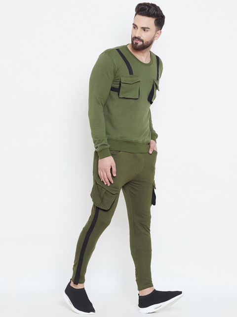 

FUGAZEE Men Olive green Solid Slim-Fit Sweatshirt & Cargo Trackpants Suit