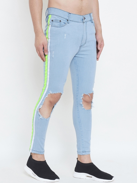 

FUGAZEE Men Blue & Fluorescent Green Slim Fit Mid-Rise Slash Knee Jeans