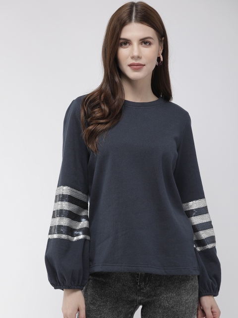 

Antheaa Women Navy Blue Solid Embellished Sweatshirt