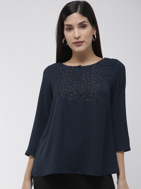

Antheaa Women Navy Blue Self Design Embellished Top