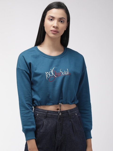 

Fort Collins Women Teal Blue Embroidered Cropped Sweatshirt
