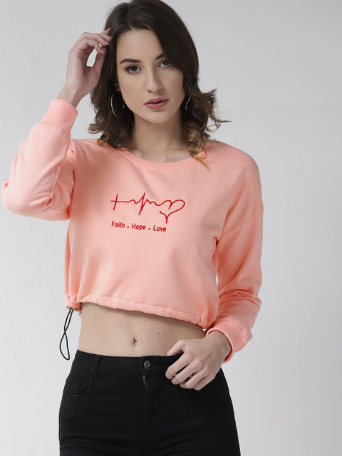 

Fort Collins Women Peach-Coloured Solid Crop Sweatshirt