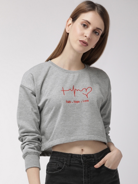 

Fort Collins Women Grey Melange Solid Crop Sweatshirt With Embroidered Detailing
