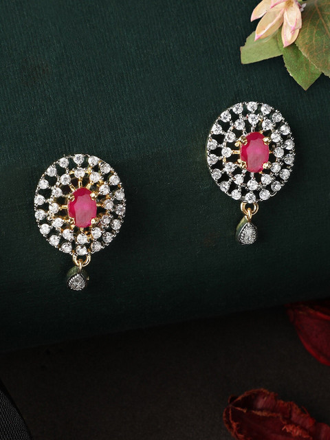 

Rubans Gold-Toned & Red Classic CZ Studded Drop Earrings