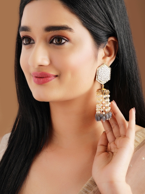 

Rubans Gold-Toned & Grey Classic Enamelled Drop Earrings
