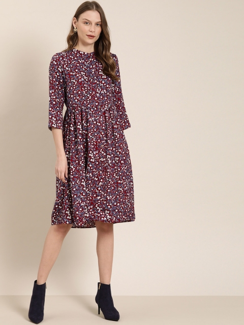 

her by invictus Women Maroon & White Floral Printed Fit and Flare Dress